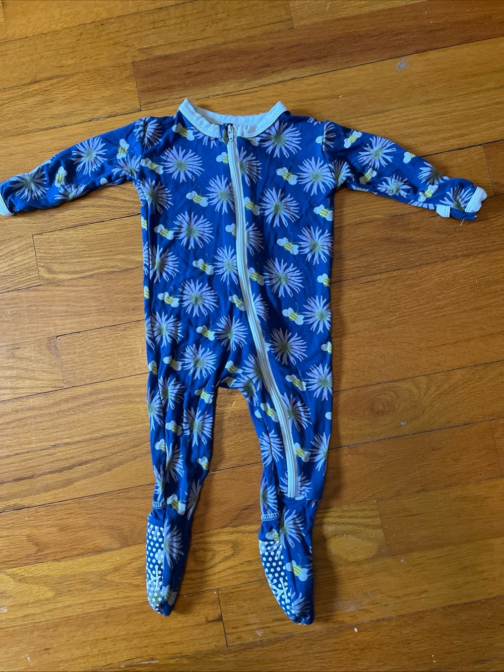 Kickee Pants Baby 3-6 Months Blue Floral Bee Zip-Up Bamboo One-Piece Footies